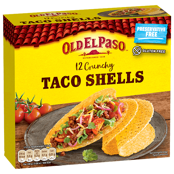 en pakke Old El Paso 12 knasende tacoskjell