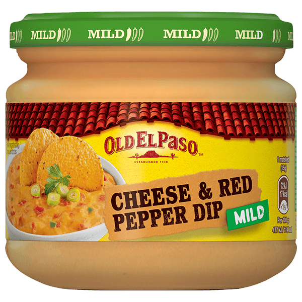 en glasskrukke med Old El Paso ost og rød pepper dip mild