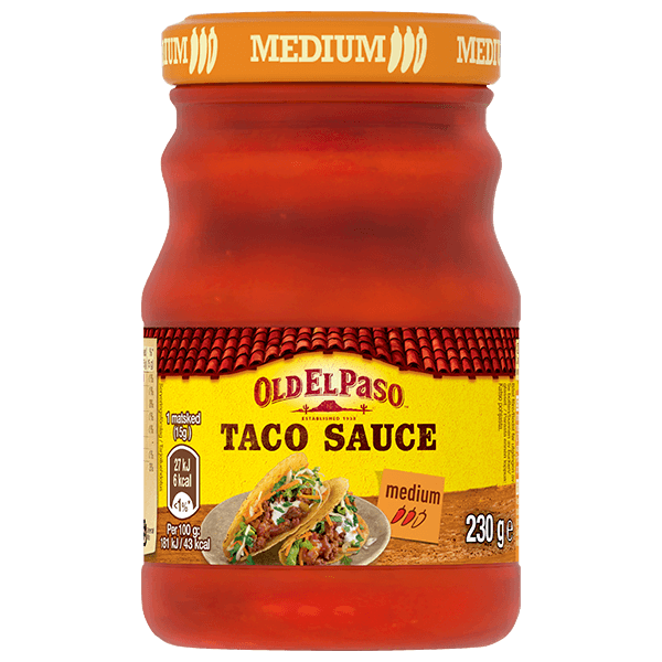 en glassflaske Old El Paso medium tacosaus, 230g