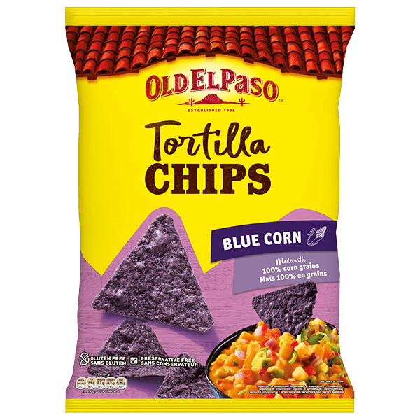 en pakke Old El Paso blå mais tortilla chips, 150g