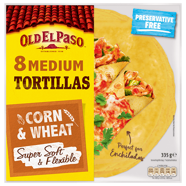en pakke Old El Paso 8 medium mais- og hvetetortillas, 335 g